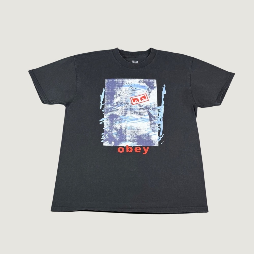 Obey Mens Graphic T-Shirt Black Statue Print Red Box Logo Size L Large Short